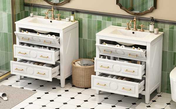 English Elm 60'' Bathroom Vanity Set With Elegant Ceramic Sink, Soft-Close Drawers, Solid Wood Frame Storage Solution N710SS00003K
