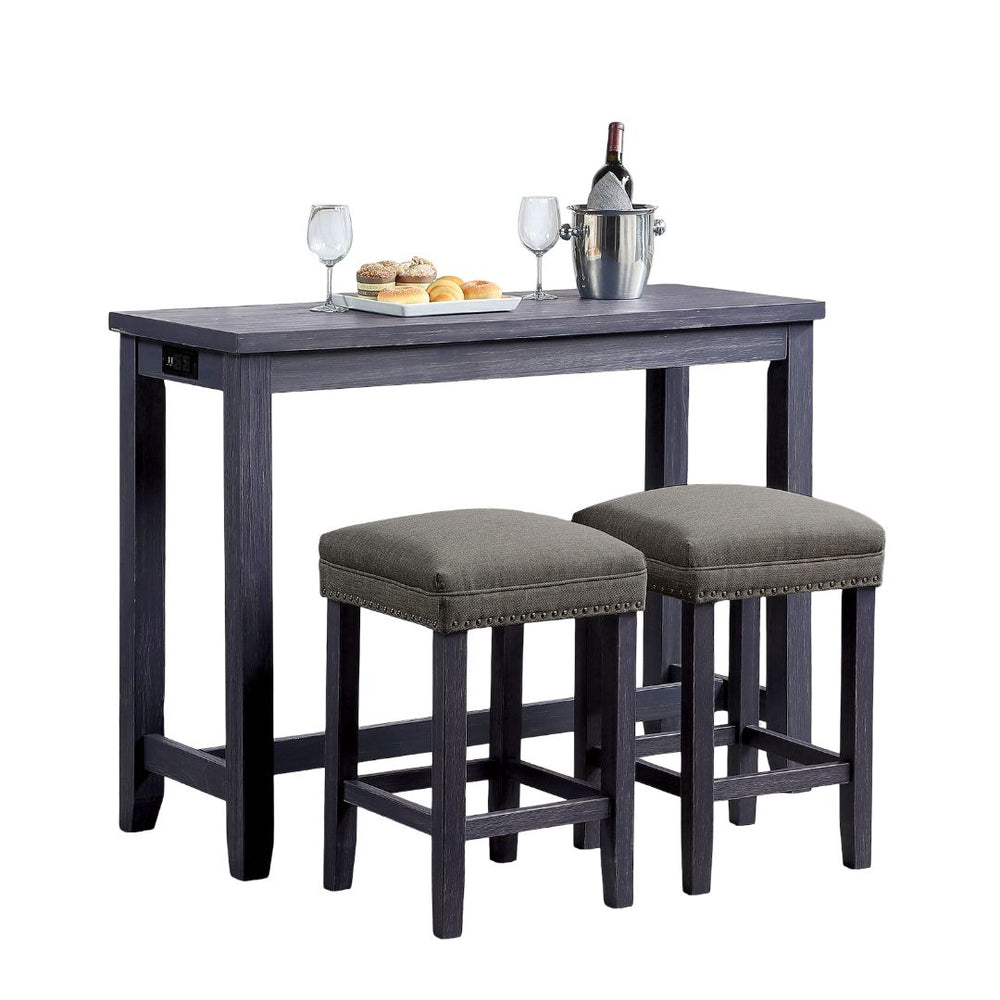 English Elm 3pc Dining Table Set with 48" Counter, 2 Padded Upholstered Stools, Nailhead Trim, USB Port B2741P384390