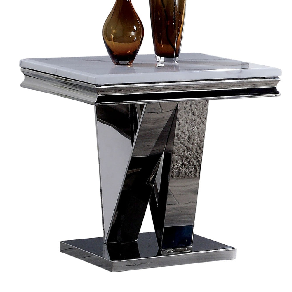 English Elm 1pc End Table Luxe Faux Marble Top with Beveled Edge, Interlocking Pedestal Base, Sleek Metal Finish, 23" Height, Elegant Accent Piece Chrome 28 L x 27 W x 3 H B2741S00434