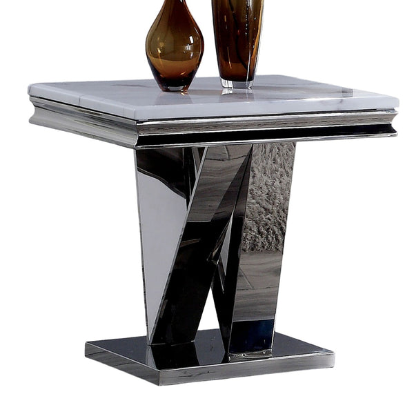 English Elm 1pc End Table Luxe Faux Marble Top with Beveled Edge, Interlocking Pedestal Base, Sleek Metal Finish, 23" Height, Elegant Accent Piece Chrome 28 L x 27 W x 3 H B2741S00434