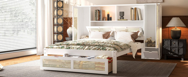 English Elm Twin Multifunctional Bed with Rattan Headboard Storage, Drawer & Shelves — Space-Saving Pine Design White 50.4 L x 19.8 W x 5.5 H N733S241280K