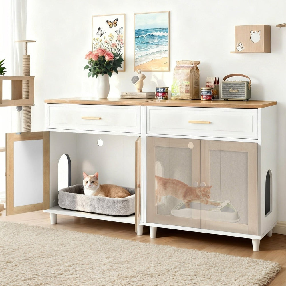 English Elm 2-piece Hidden Litter Box Cabinet with Scratching Doors Charging Station and Drawer N843S002406N