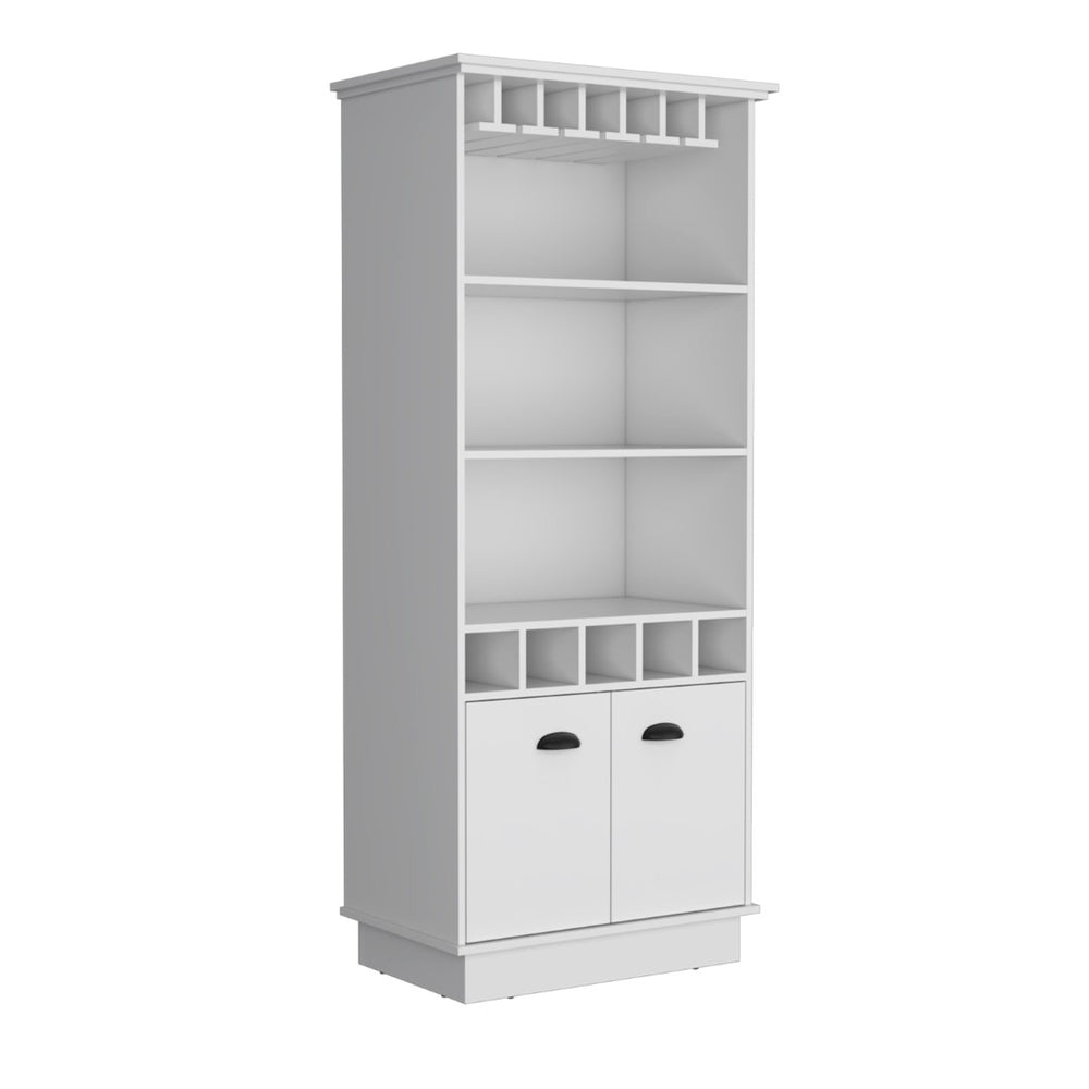 English Elm Dundee Tall White Bar Cabinet with Glass Panel Doors Open Cubbies and Display Shelves B200S00385