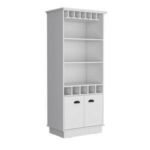 English Elm Dundee Tall White Bar Cabinet with Glass Panel Doors Open Cubbies and Display Shelves B200S00385