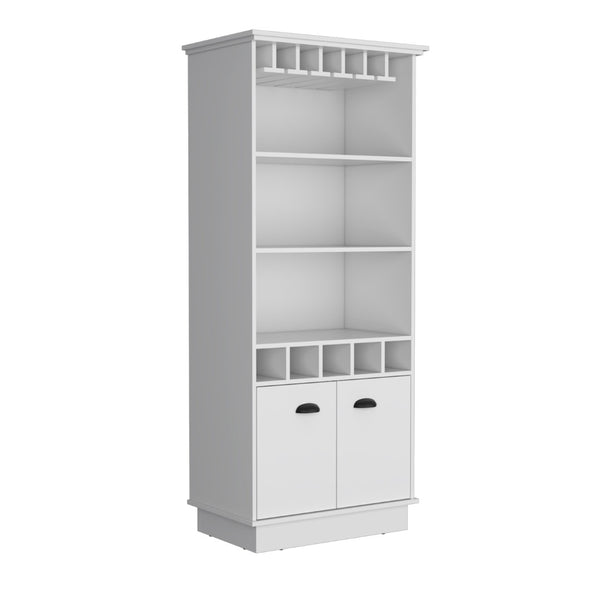 English Elm Dundee Tall White Bar Cabinet with Glass Panel Doors Open Cubbies and Display Shelves B200S00385
