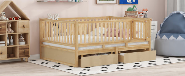 English Elm Full Size Pinewood Kids Daybed with Fence Rails Split Floor Bed and Storage Drawers Natural LP100882AAN