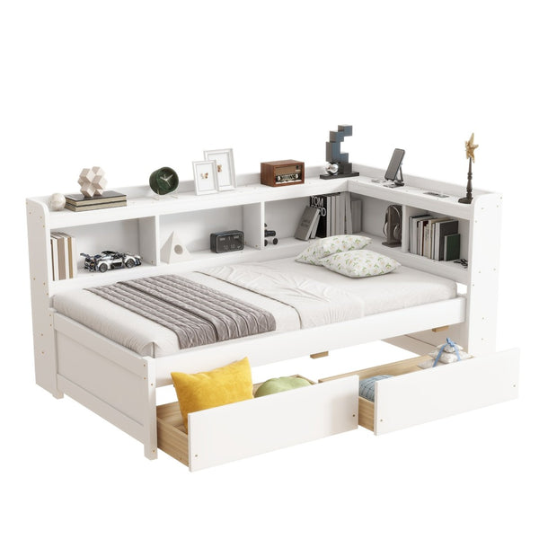 English Elm Twin L-Shaped Bookcase Bed With Usb Charging, Two Drawers & Modern White Finish For Smart Storage W504S00244-GIGA