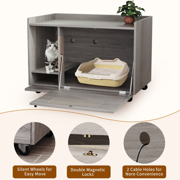 English Elm Gray Wooden Hidden Litter Box Cabinet with Ventilation Wheels and Side Table Top W3166P266403