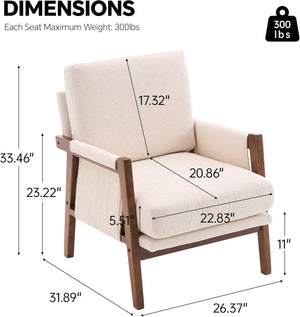 English Elm Mid-Century Solid Wood Accent Chair with Chenille Upholstery, Ergonomic Waist Support, Sturdy 300lb Capacity Beige T3903P372379