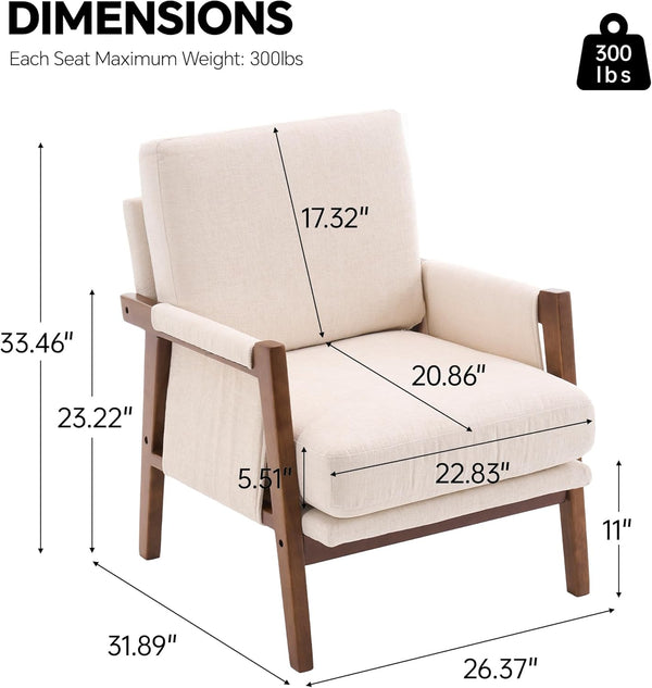English Elm Mid-Century Solid Wood Accent Chair with Chenille Upholstery, Ergonomic Waist Support, Sturdy 300lb Capacity Beige T3903P372379