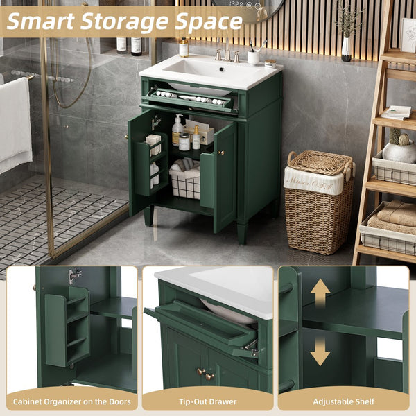 English Elm 24" Bathroom Vanity with Ceramic Basin, French-Inspired Accent Carvings, Soft-Close Doors & Storage Green N710P293309F