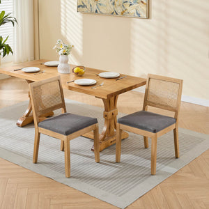 English Elm Farmhouse Rattan Dining Chairs Set of 2 — Mid-Century Cane Back, Solid Wood Frame, Linen Upholstery, Supportive Comfort Gray W1143P332690