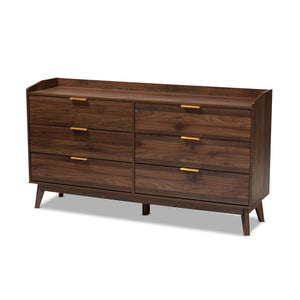 Baxton Studio Baxton Studio Lena 6-Drawer Mid-Century Modern Dresser in Walnut Brown with Gold Handles LV4COD4231WI-Columbia-6DW-Dresser