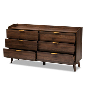 Baxton Studio Baxton Studio Lena 6-Drawer Mid-Century Modern Dresser in Walnut Brown with Gold Handles LV4COD4231WI-Columbia-6DW-Dresser