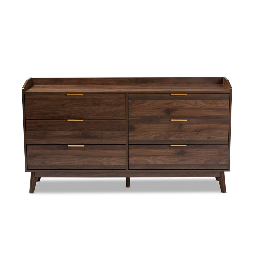 Baxton Studio Baxton Studio Lena 6-Drawer Mid-Century Modern Dresser in Walnut Brown with Gold Handles LV4COD4231WI-Columbia-6DW-Dresser