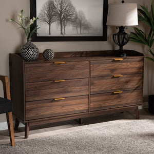 Baxton Studio Baxton Studio Lena 6-Drawer Mid-Century Modern Dresser in Walnut Brown with Gold Handles LV4COD4231WI-Columbia-6DW-Dresser
