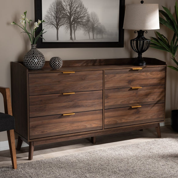 Baxton Studio Baxton Studio Lena 6-Drawer Mid-Century Modern Dresser in Walnut Brown with Gold Handles LV4COD4231WI-Columbia-6DW-Dresser
