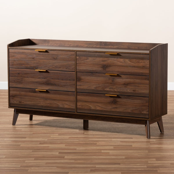 Baxton Studio Baxton Studio Lena 6-Drawer Mid-Century Modern Dresser in Walnut Brown with Gold Handles LV4COD4231WI-Columbia-6DW-Dresser