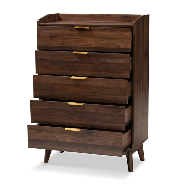 Baxton Studio Baxton Studio Lena Mid-Century Modern Walnut Chest - Chic Storage Solution for Stylish Spaces 5-Drawer LV4COD4232WI-Columbia-5DW-Chest