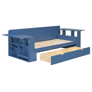 English Elm Queen Daybed with Hydraulic Desk Storage Drawers and Convertible Sofa for Small Spaces Blue LT000272AAC