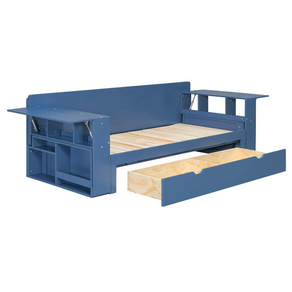 English Elm Queen Daybed with Hydraulic Desk Storage Drawers and Convertible Sofa for Small Spaces Blue LT000272AAC