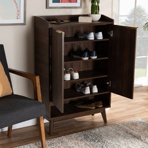 Baxton Studio Baxton Studio Lena Mid-Century Modern Walnut Brown Shoe Cabinet with 5 Shelves & Gold Handles LV4SC4150WI-Columbia-Shoe Cabinet