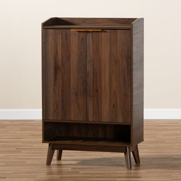 Baxton Studio Baxton Studio Lena Mid-Century Modern Walnut Brown Shoe Cabinet with 5 Shelves & Gold Handles LV4SC4150WI-Columbia-Shoe Cabinet