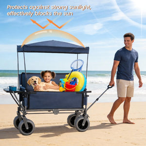 English Elm 3-in-1 Collapsible Wagon with Canopy Bench Tabletop and All-terrain Wheels for Camping Blue W2932P417651