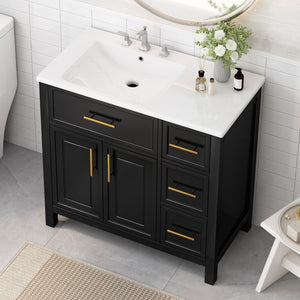 English Elm 36" Matte Freestanding Bathroom Vanity Solid Wood Cabinet Ceramic Sink Three Drawers Black N725P364205B