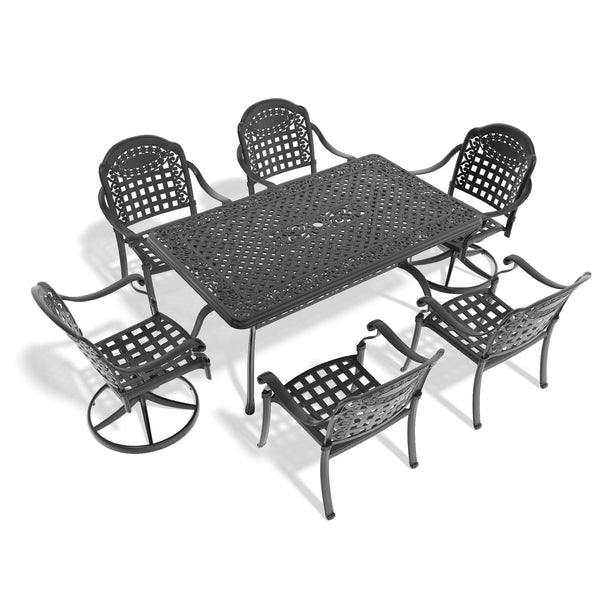 English Elm 7-Piece All-Weather Cast Aluminum Dining Set With Cushions, Swivel Chairs & Rectangular Black Table W1710S00376