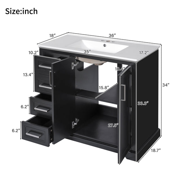 English Elm 36" Modern Bathroom Vanity with Ceramic Sink, Soft-Close Doors, 3 Drawers & Ample Storage for Small Baths Black N729P280194B