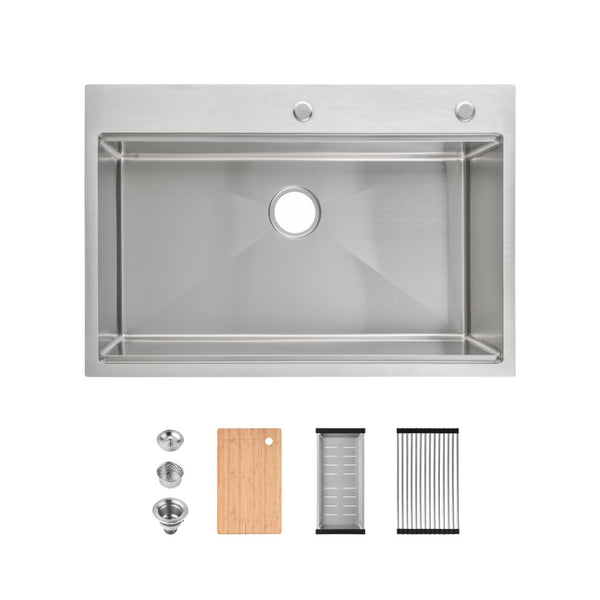 English Elm Stainless Steel Single Bowl Overmount Kitchen Sink with Cutting Board and Colander T3177P296186
