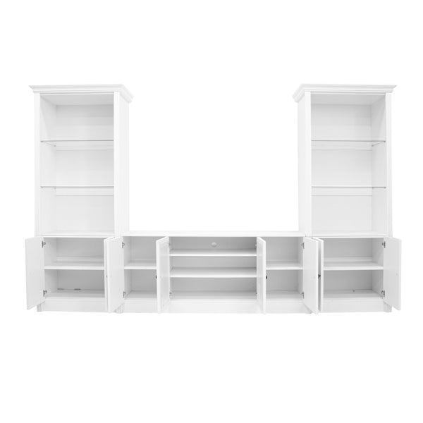 English Elm U-can Three Piece Wall Unit Built-in Media Center with Crown Molding and Tempered Glass Storage White SJ000156AAK