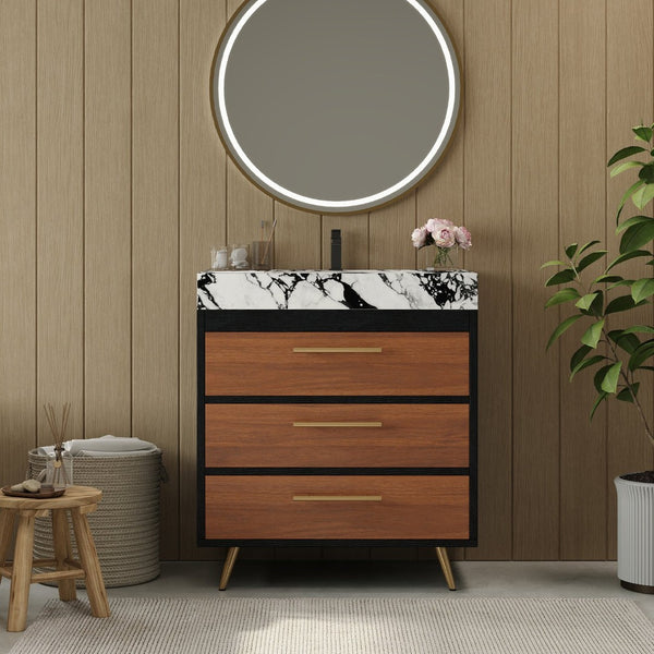 English Elm Modern Freestanding Vanity with Sintered Stone Top Ceramic Sink and Gold Steel Legs W3136S00054