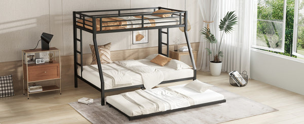 English Elm Twin Metal Bunk Bed With Full Bed & Trundle - Modern Space-Saving Design For Shared Rooms, Black W1580S00130-GIGA