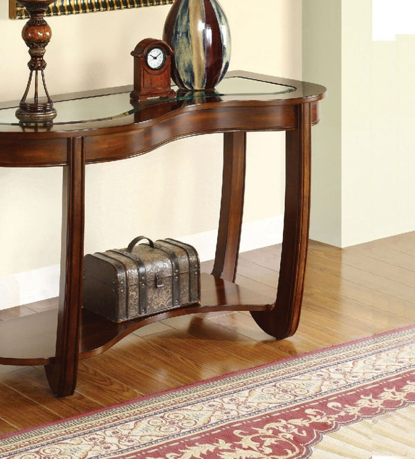 English Elm Dark Cherry Sofa Table Beveled Glass Top Open Shelf Transitional Living Room Console B011P246327