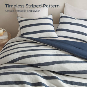 English Elm 3-piece King Yarn-dyed Woven Stripe Comforter Set with Seersucker Texture for Coastal Bedrooms Blue B035P463220
