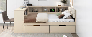 English Elm Wood Full Size Platform Bed With Upholstered Headboard, Storage Drawers, And Usb Charging Station GX002108AAC-1-GIGA