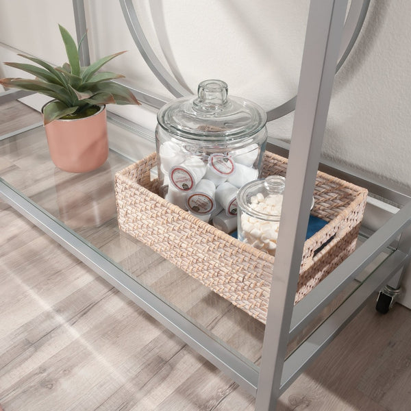 English Elm Contemporary Rolling Bar Cart with Tempered Glass Shelves and Gray Metal Frame B356P367947