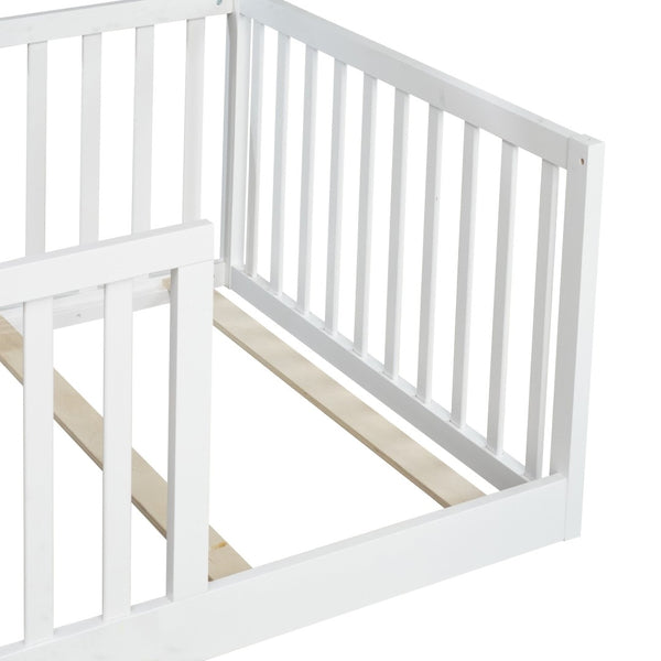 English Elm Twin Floor Bed Solid Rubber Wood with Tall Safety Railings for Toddler Sleep White W504P287643