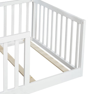 English Elm Twin House Frame Floor Bed Rubberwood with Roof Canopy and Safety Rails for Kids White W504P429530
