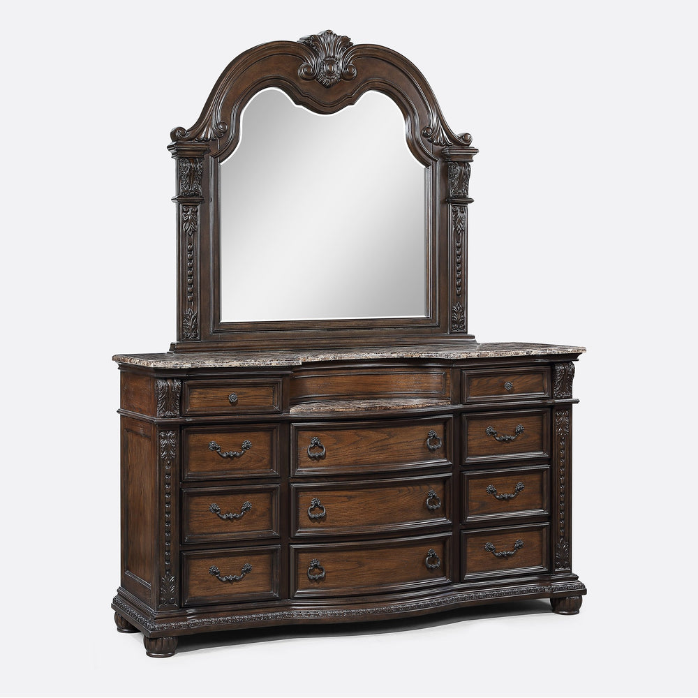 English Elm 1pc Marble Top Five Drawers Tall Chest with Intricate Moldings, Curved Silhouette & Antiqued Hardware Brown,Coffee 71.5 L x 25 W x 42.25 H B2741P366087