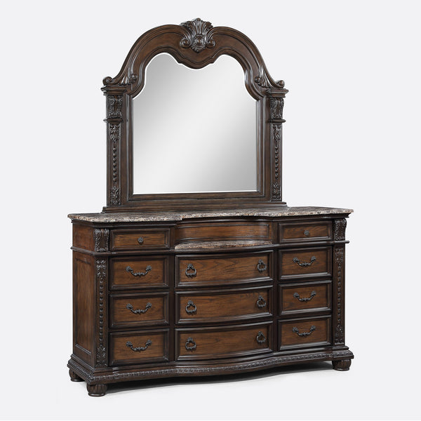 English Elm 1pc Marble Top Five Drawers Tall Chest with Intricate Moldings, Curved Silhouette & Antiqued Hardware Brown,Coffee 71.5 L x 25 W x 42.25 H B2741P366087