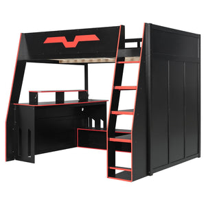 English Elm Full Size Wood Loft Bed with Rgb Lighting Desk and Multi-tier Shelves for Gaming Red LT000374AAR