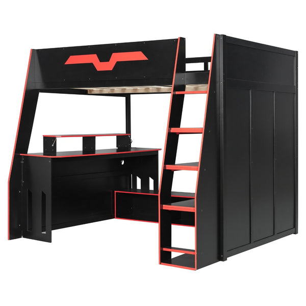 English Elm Full Size Wood Loft Bed with Rgb Lighting Desk and Multi-tier Shelves for Gaming Red LT000374AAR