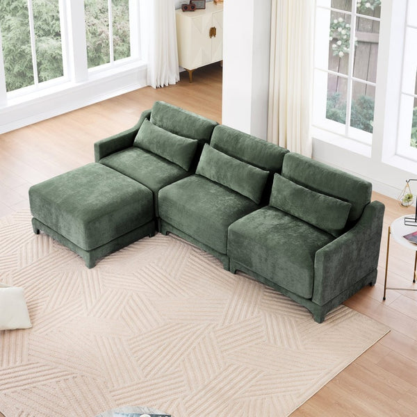 English Elm Three-Seater Chenille Sofa Set With Modular Ottomans, Elegant Design, High-Resilience Comfort, Green W714S01217-GIGA