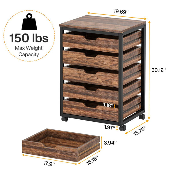 English Elm Mobile Rolling Storage Cabinet Five Drawer Industrial Wood Veneer Office Chest T3971P457876
