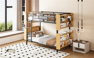 English Elm Twin Metal Bunk Bed with Built-In Headboard Storage and Footboard Shelves, Sturdy Space-Saving Design Black SF000176AAB