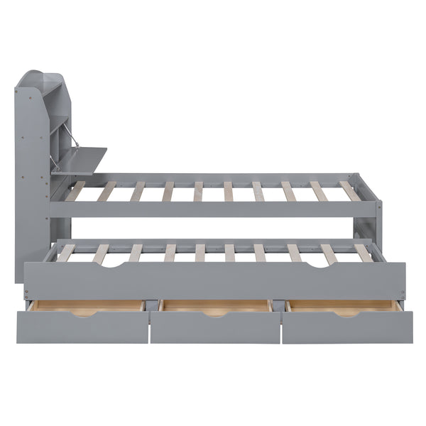 English Elm Twin LED Platform Bed with Trundle and Under-Storage Drawers, Flip-Up Headboard, USB Ports Gray N820S10008E