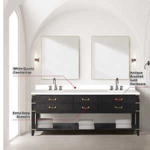 English Elm Black Oak Double Bath Vanity With White Quartz Top, Chrome Faucet, & Two 36" Mirrors For Luxury Spaces B2731S02206